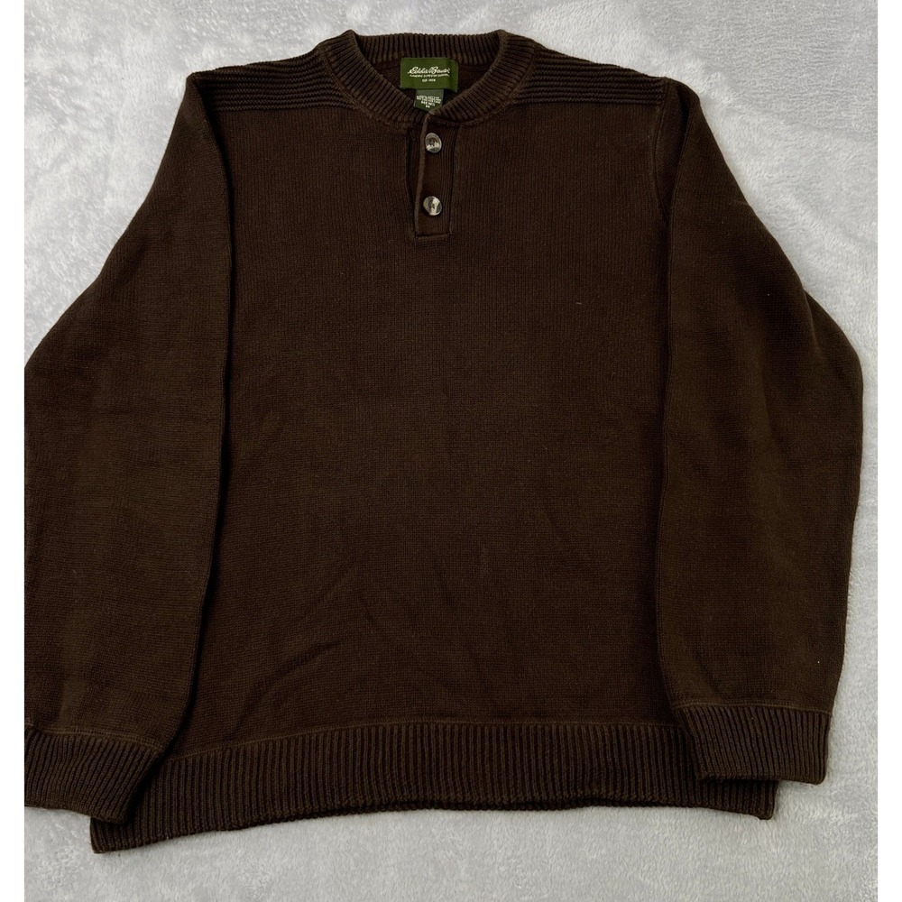 Eddie Bauer Cotton Knit‎ Henley Sweater Size M Brown Mens Classic Rugged Guide